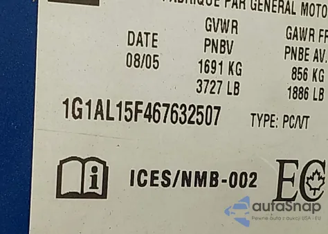 2006 Chevrolet Cobalt Lt from USA, damaged, VIN 1G1AL15F467632507